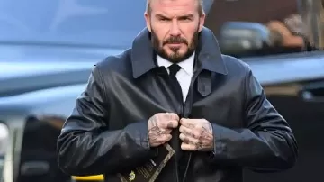 David Beckham Funeral Of Gary Mounfield Leather Coat in ???? David Beckham pays respects at Gary ‘Mani’ Mounfield’s funeral during tough time