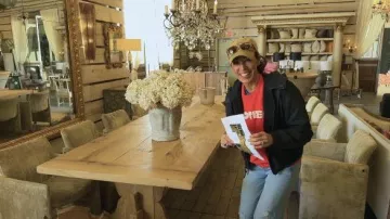 Mother The Biggie Concert Cotton Graphic Sweatshirt worn by Joanna Gaines as seen in Fixer Upper: Colorado Mountain House (S01E03)