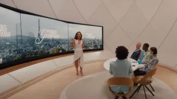 Gianvito Rossi Portofino Tan Suede Ankle Strap Sandals worn by Sylvie Grateau (Philippine Leroy-Beaulieu) as seen in Emily in Paris (S05E06)