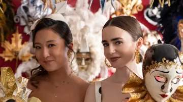 Kai Seashell Pearl Drop Stud Earrings worn by Ashley Park in Emily in Paris