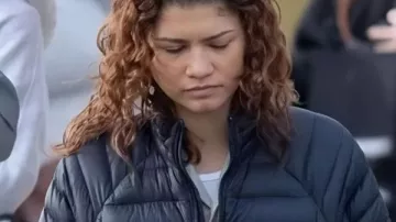Euphoria S03 Zendaya Black Puffer Jacket worn by Rue Bennett (Zendaya) as seen in Euphoria