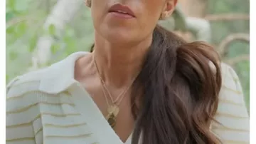 Fixer Upper Mountain House S01 Joanna Gaine Striped Polo Sweatshirt worn by self (Joanna Gaines) in Fixer Upper: Colorado Mountain House (S01)