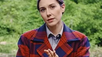 Elizabeth Olsen Eternity 2025 Red Plaid Coat worn by Joan (Elizabeth Olsen) in Eternity