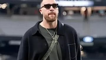 Travis Kelce Chiefs VS Raiders Industry Jacket in Taylor Swift celebrates Christmas with family at Travis Kelce’s Chiefs vs Raiders game