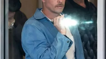 The Adventures Of Cliff Booth Brad Pitt Blue Cotton Jacket worn by Cliff Booth (Brad Pitt) in The Adventures of Cliff Booth