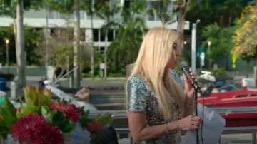 Dress the population Karla Metallic V-Neck Mermaid Gown worn by Rosalyn Yellin as seen in Members Only: Palm Beach (S01E03)