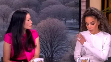 Alexander McQueen Pink Silk Draped Dress worn by Lucy Liu as seen in The View on January 8, 2026