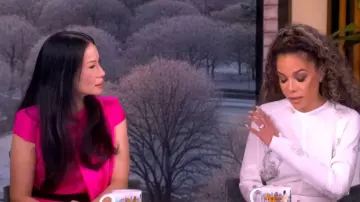 Alexander McQueen Pink Silk Draped Dress worn by Lucy Liu as seen in The View on January 8, 2026