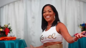 Chanel 22s White Sequin Logo Crop Tank worn by Toya Bush-Harris as seen in Married to Medicine (S12E05)