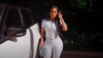 Balmain Light Blue Monogram Lurex Knit Cropped Short Sleeve Cardigan worn by Angel as seen in Married to Medicine (S12E05)