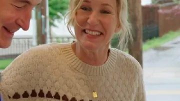 Cream & Brown Striped Sweater worn by (Jenny Marrs) as seen in Fixer to Fabulous (S07)