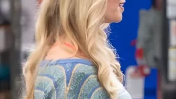 Shifting Gears S2 Carson Fagerbakke Blue/Green Striped Sweater worn by (Carson Fagerbakke) in Shifting Gears (S02)