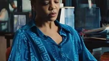 His and Hers 2026 Tessa Thompson Blue Silk Blouse worn by Anna Andrews (Tessa Thompson) in HIS & HERS (S01)
