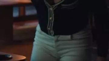 Navy & White Trim Cardigan worn by Lexi (Rebecca Rittenhouse) in HIS & HERS