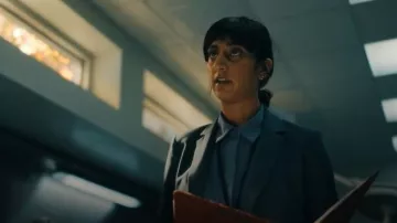 Theory Fitted Core Stretch Silk Long Sleeve Shirt Blouse worn by Priya (Sunita Mani) as seen in HIS & HERS (S01E01)