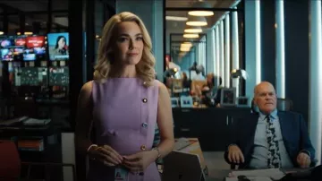 Lela Rose Jewel-Button Boat-Neck Sleeveless Midi Sheath Dress worn by Lexi (Rebecca Rittenhouse) as seen in HIS & HERS (S01E02)