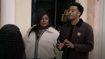 And Now This Trendy Plus Faux Sherpa Moto Jacket worn by Krystal (Raven Goodwin) as seen in Abbott Elementary (S05E10)