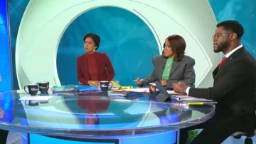 Helsa La americana curva Tweed S que lleva Gayle King vista en CBS Mornings el 6 de enero de 2026
