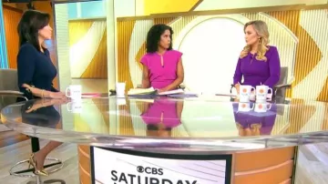 Robe Broche Vince Camuto Detail à manches longues en crêpe portée par Meg Oliver, vue dans CBS Mornings le 10 janvier 2026