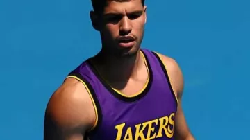 2026 Carlos Alcaraz Australian Open Lakers Jersey worn by Carlos Alcaraz in Carlos Alcaraz trains in LeBron James jersey ahead of Australian Open 2026 opener｜Tennis｜Lakers｜NBA