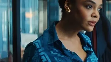 His and Hers S01 Tessa Thompson Blue Blouse worn by Anna Andrews (Tessa Thompson) as seen in HIS & HERS (S01)