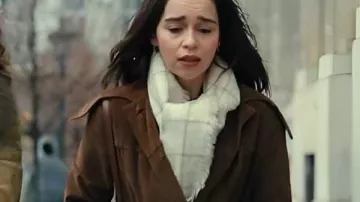 Ponies 2026 Emilia Clarke Brown Suede Coat worn by Bea (Emilia Clarke) in PONIES