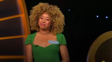 Reformation Luna Jumpsuit Wide Leg Sweetheart Neckline Kelly worn by Phoebe Robinson as seen in Celebrity Wheel of Fortune (S06E07)