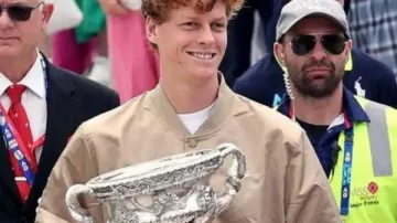 Jannik Sinner Australian Open Tennis Tournament Beige Jacket worn by Jannik Sinner in Jannik Sinner Press Conference | Australian Open 2026 Pre-Event
