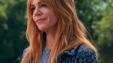 High Potential S02 Kaitlin Olson Blue Geo Print Crop Jacket worn by Morgan Gillory (Kaitlin Olson) as seen in High Potential (S02E03)