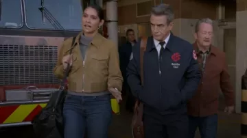 J Crew Collection Cropped Flight Jacket in Suede worn by Stella Kidd (Miranda Rae Mayo) as seen in Chicago Fire (S14E09)