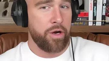 Travis Kelce New Heights White Jersey in Taylor Swift on Reclaiming Her Masters, Wrapping The Eras Tour, and The Life of a Showgirl | NHTV