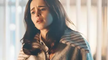 Ponies 2026 Emilia Clarke Belted Wrap Coat worn by Bea (Emilia Clarke) in PONIES
