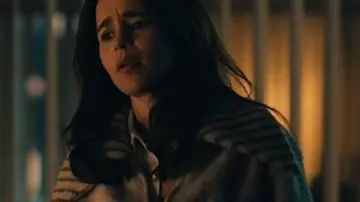 Ponies 2026 Emilia Clarke Belted Wrap Coat worn by Bea (Emilia Clarke) as seen in PONIES (S01)