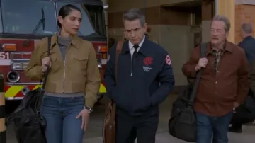 J Crew Collection Cropped Flight Jacket in suede worn by Stella Kidd (Miranda Rae Mayo) as seen in Chicago Fire (S14E09)