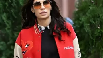 NYC Famke Janssen Red Varsity Jacket in Famke Janssen - SIGNING AUTOGRAPHS while promoting in NYC
