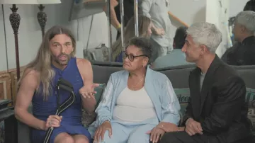 Alaïa Sheer 3d Skeleton Dress Blue worn by Jonathan Van Ness as seen in Queer Eye (S10E01)