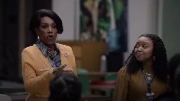 Aqua Faux Pearl Embellished Cardigan worn by Barbara Howard (Sheryl Lee Ralph) as seen in Abbott Elementary (S05E11)