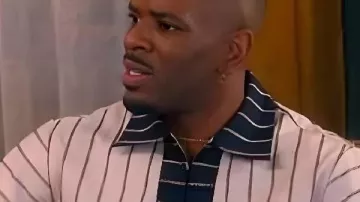 The Upshaws S07 Jermelle Simon White Striped Shirt worn by Bernard (Jermelle Simon) as seen in The Upshaws