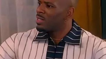 The Upshaws S07 Jermelle Simon White Striped Shirt worn by Bernard (Jermelle Simon) as seen in The Upshaws