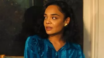 This Blue Silk Blose worn by Anna Andrews (Tessa Thompson) in HIS & HERS (S01E01)