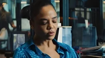 This Blue Greek Key Pattern Silk Blouse worn by Anna Andrews (Tessa Thompson) in HIS & HERS (S01E01)