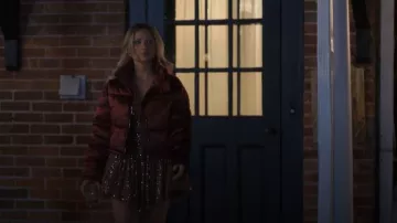 7 For All Mankind Burgundy Metallic Cropped Puffer Jacket worn by Elise Russo (Alexandra Beaton) as seen in Finding Her Edge (S01E01)