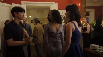 Zara Grey Metallic Satin cut out Dress worn by Riley Monroe (Millie Davis) as seen in Finding Her Edge (S01E01)