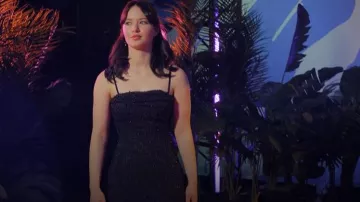 Windsor Klara Cowl Neck Faux Pearl Bead Column Dress worn by Adriana Russo (Madelyn Keys) as seen in Finding Her Edge (S01E05)