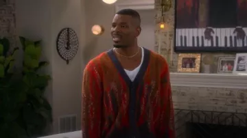 Zara Abstract Grandpa Colorful Cardigan worn by Bernard (Jermelle Simon) as seen in The Upshaws (S07E06)