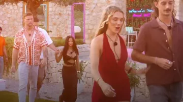 Pretty Little THing Wine Woven Wrap Halterneck Mini Dress worn by Sharn O'Brien as seen in Love Island Australia (S07E08)