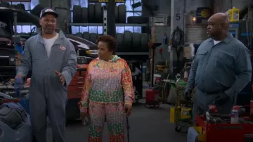 Farm Rio x Adidas Trackpants in pearl citrine worn by Lucretia (Wanda Sykes) as seen in The Upshaws (S07E07)