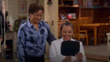 Cinq a Sept Marianna Floral Embellished Tie Front Top worn by Lucretia (Wanda Sykes) as seen in The Upshaws (S07E10)