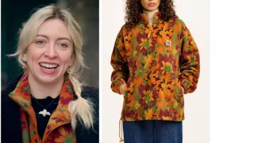 The Great Pottery Throwdown S09 Orange Floral Print Fleece Jacket worn by in The Great Pottery Throw Down (S08) as seen in The Great Pottery Throw Down (S08E00)