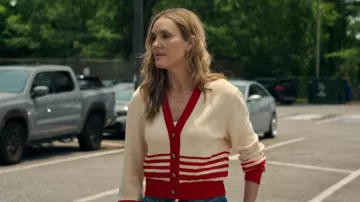 Golden Goose Women's Cardigan In Cream With Red Stripes worn by Lori (Erinn Hayes) as seen in It's Not Like That (S01E01)